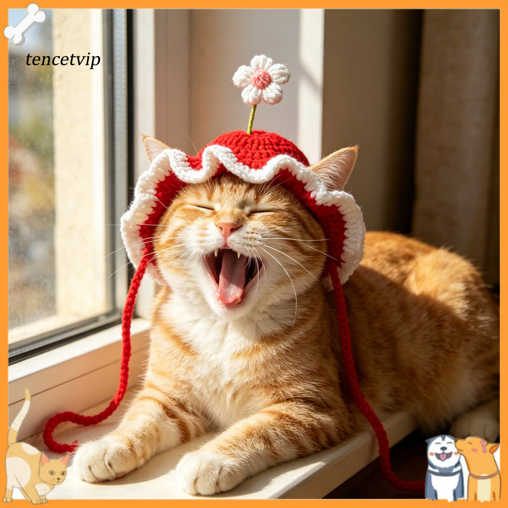 Adjustable Pet Hat Secure Fit Handmade Crochet Flower Cat with Ear Holes – Cute Scalloped for Small Medium Dogs Cats P