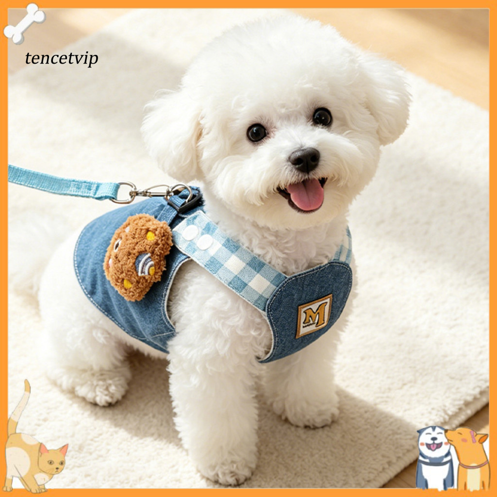 Adjustable Dog Harness Small Vest Denim Set with Padded Breathable 4ft Nylon Leash – Cute Bear Design for Dogs Comfort