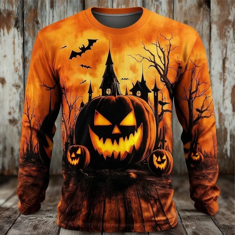 2026 Série Halloween Série Abóbora Padrão 3D Impressão Digital Manga Longa Pulôver Camiseta RCVQ
