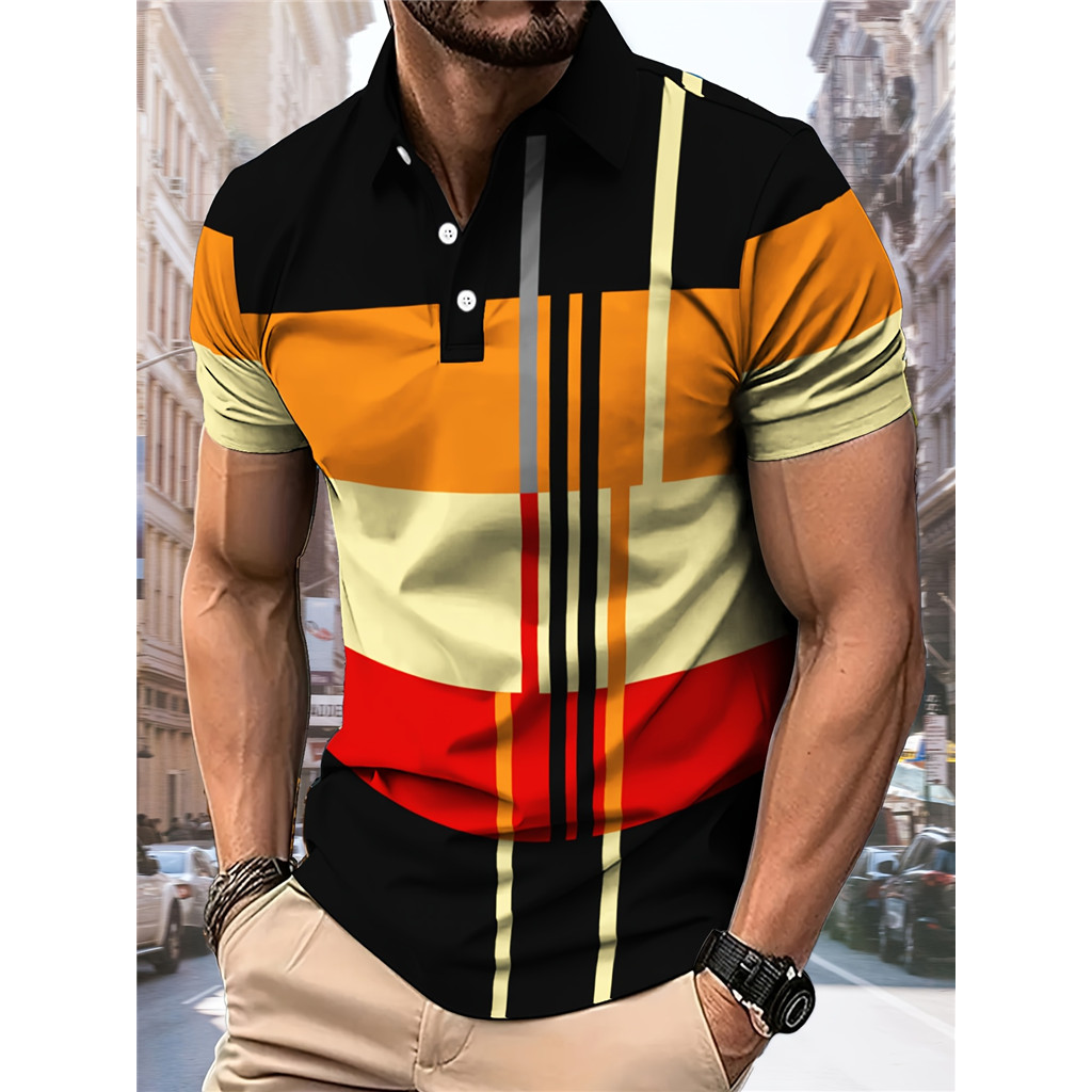 Masculino Manga Curta Lapela Negócios Digital Listra Polo Camisa Esporte Botão Pulôver Casual Top
