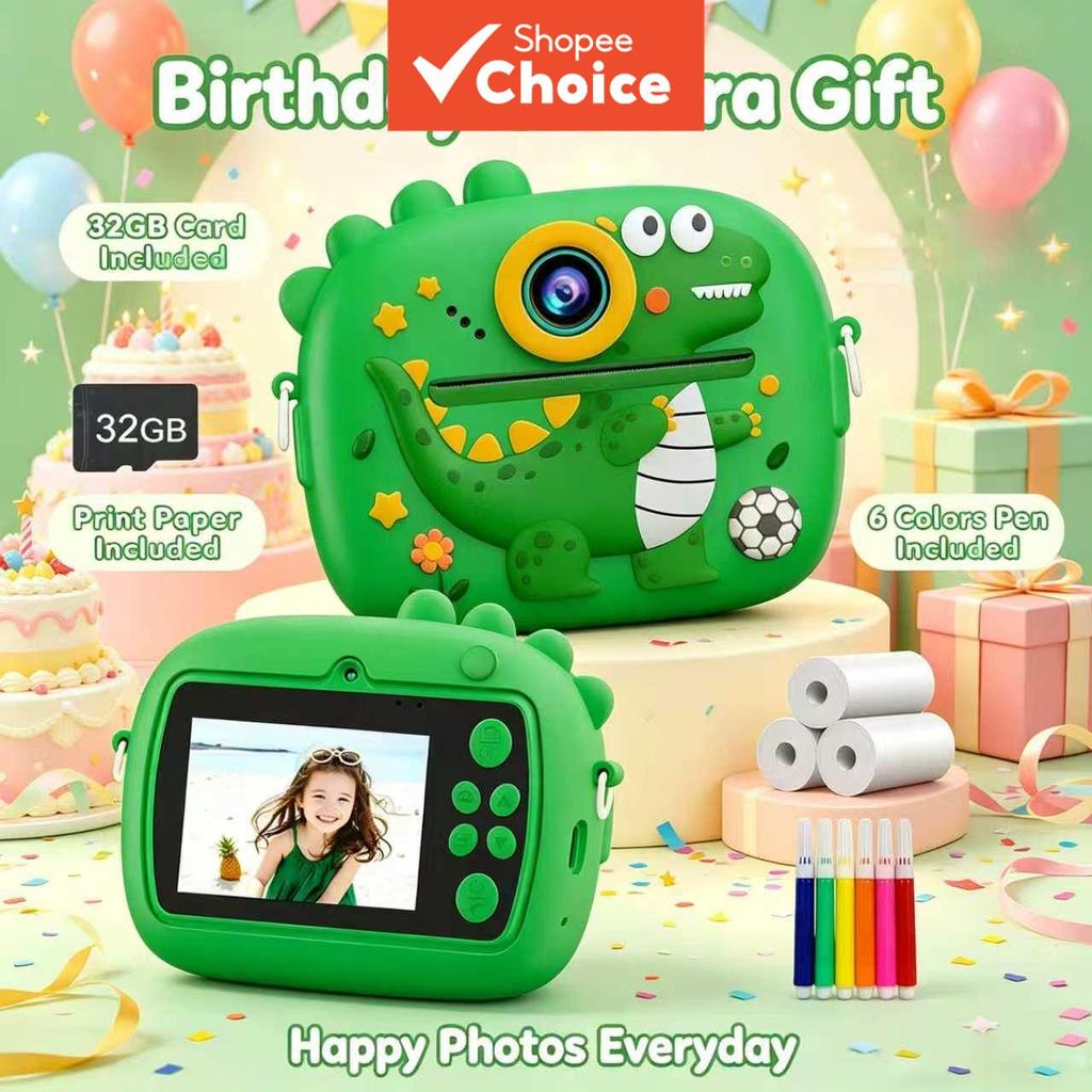Câmera Instantânea para Crianças, Câmera de Vídeo Digital com Capa de Silicone Dinossauro, com Papel de Impressão e