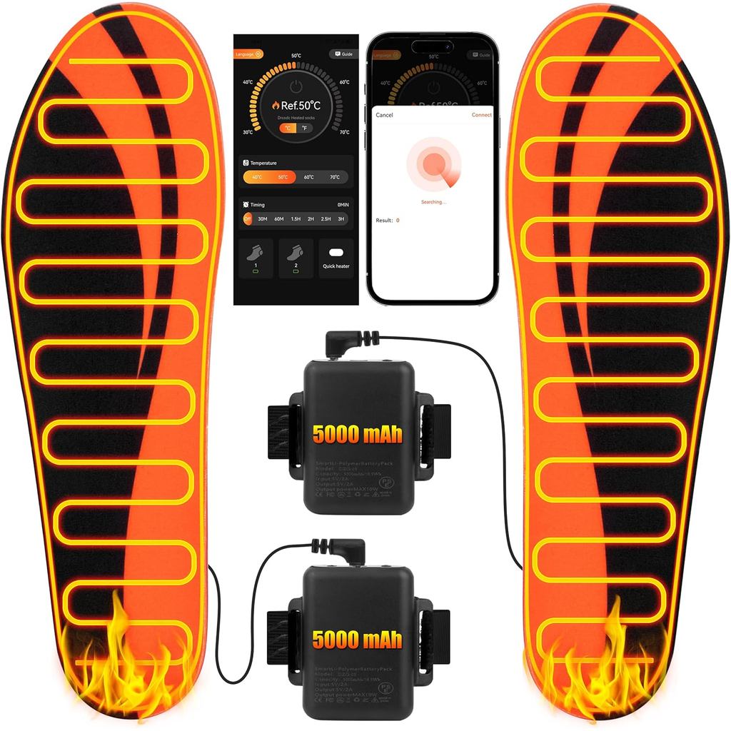 Heated Insoles Rechargeable, 5000 mAh Battery with APP Control, Foot Warmers with 4 Heating Levels for Men and Women, Sk