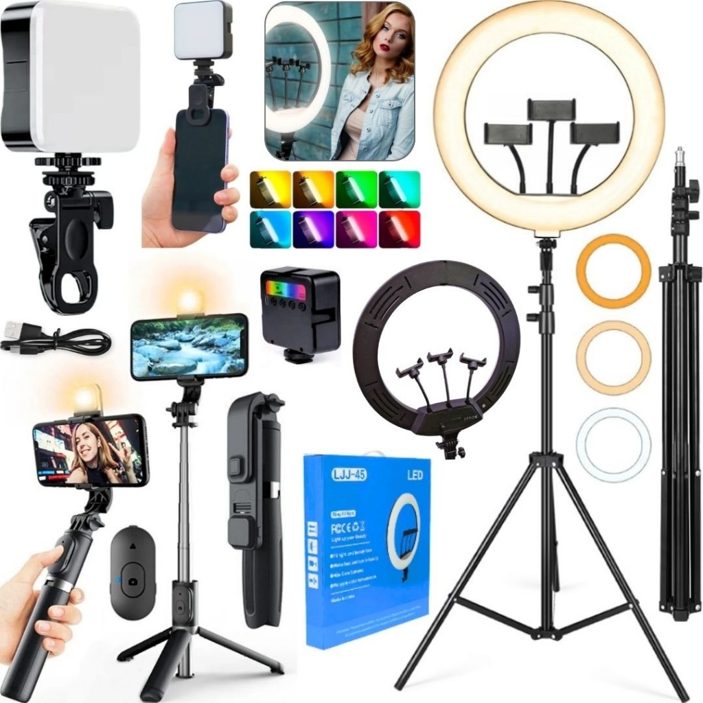 Kit Iluminador Ring Light 30w Tripé Bastão Com Led Luz Preenchimento Portátil Branco Frio Quente RGB