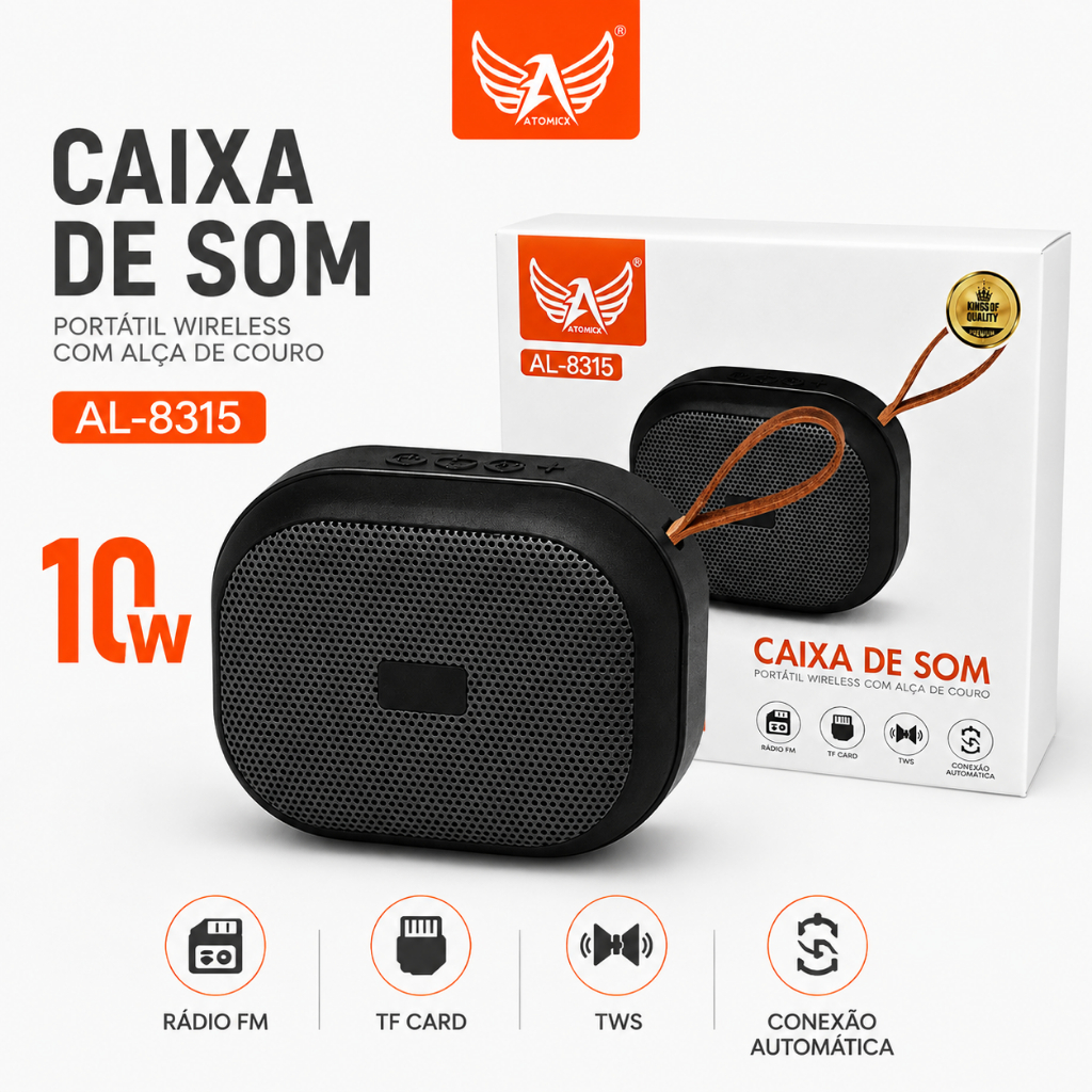 Caixa de Som Portátil Altomex AL-8315 10W Wireless Bluetooth com Alça de Couro Rádio FM TWS