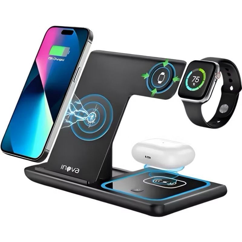 Carregador Sem Fio 3 em 1 Wireless Dobrável Inova | Base de Carregamento por Indução para Celular, Smartwatch e Fone
