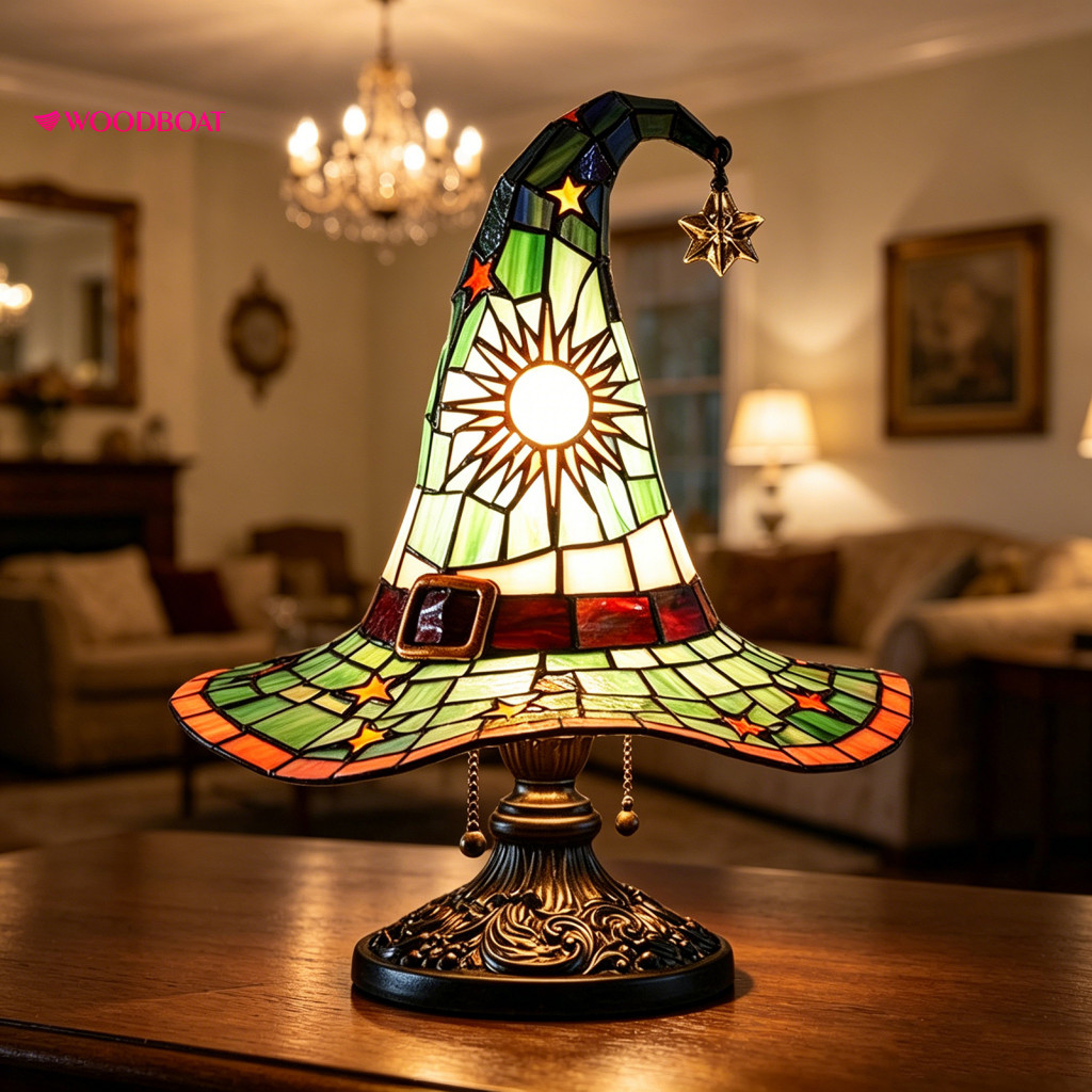 Gothic Table Lamp Stained Glass Witch Hat Usb Powered Resin Wizard Night Light Halloween Decor for Bedroom Bookshelf Par