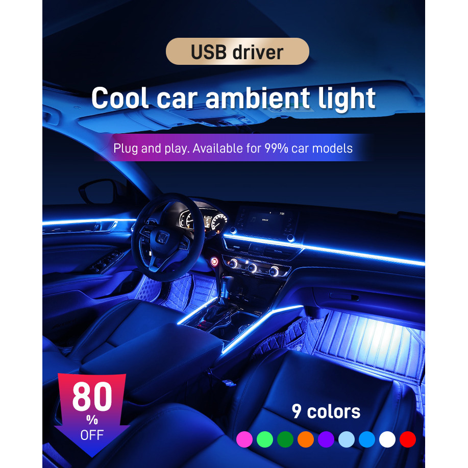 [Easy USB Installation]【Plug & Play USB Installation】Car Ambient Lighting Kit with Cool Light Strips for Vehicle Interio