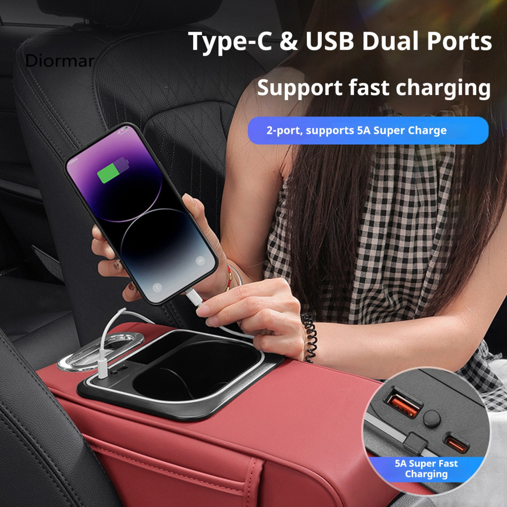 Universal Car Organizer Vehicle Armrest 5-in-1 with Tissue Holder Usb Charging Port Ambient Light and Storage Box for Mo