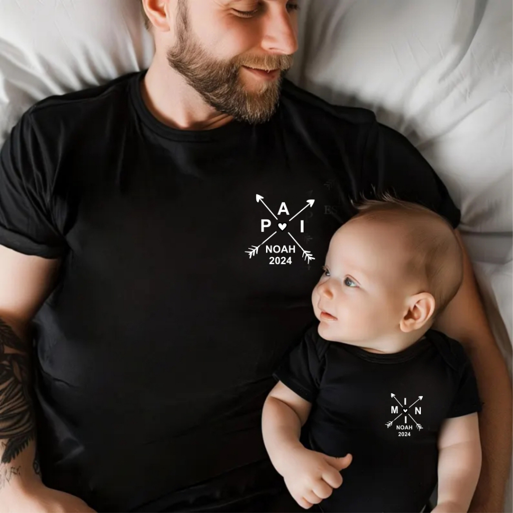 Kit dia dos pais tal pai tal filho filha personalizado nome data ano combinando camiseta body t-shirts mini