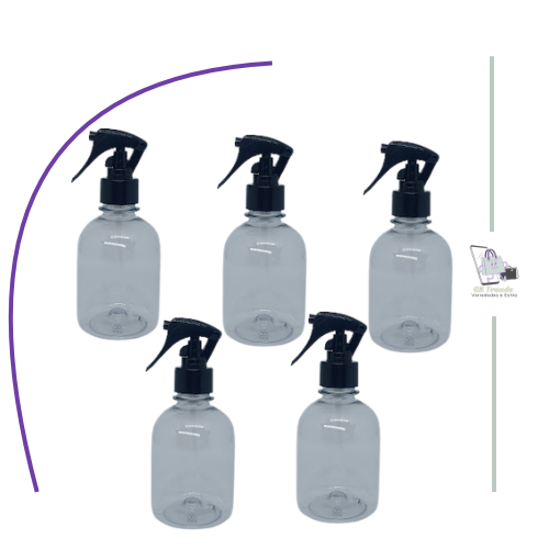 Kit 5 Frascos Pet 250ml c/ Válvula Spray Mini Gatilho 28/410 Branco ou Preto