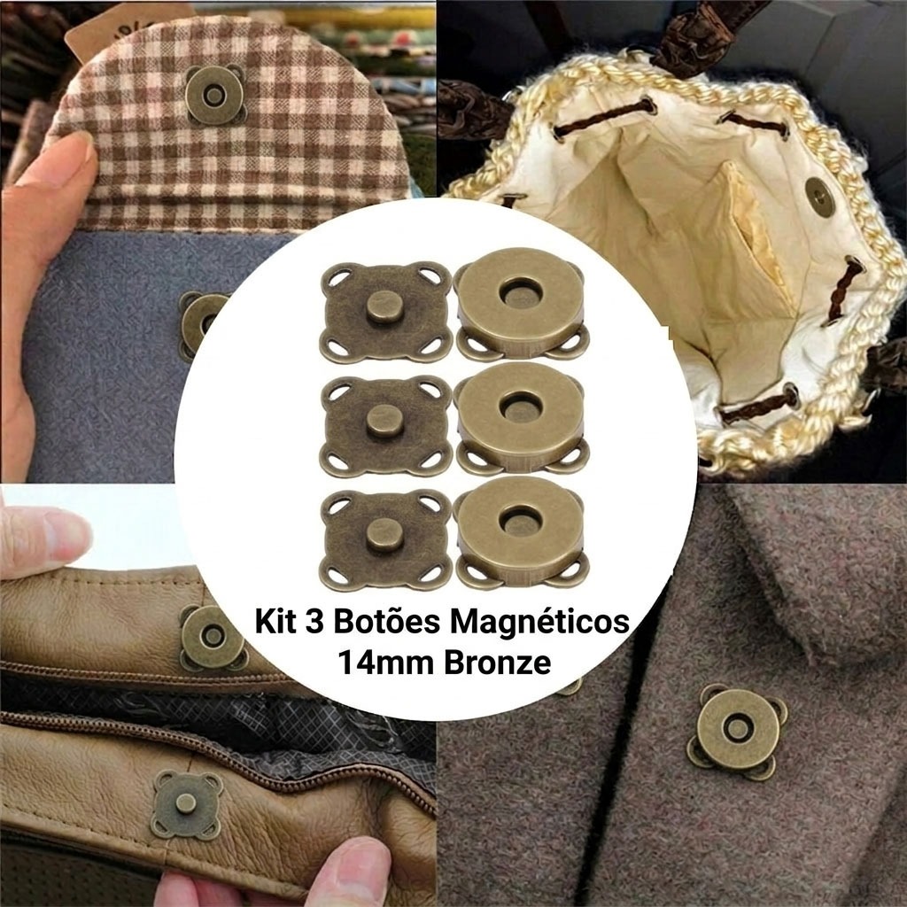 Kit 3 Botões Magnéticos 14mm Fecho Imantado Bronze Para Costurar Bolsa Casaco imã Magnetizado