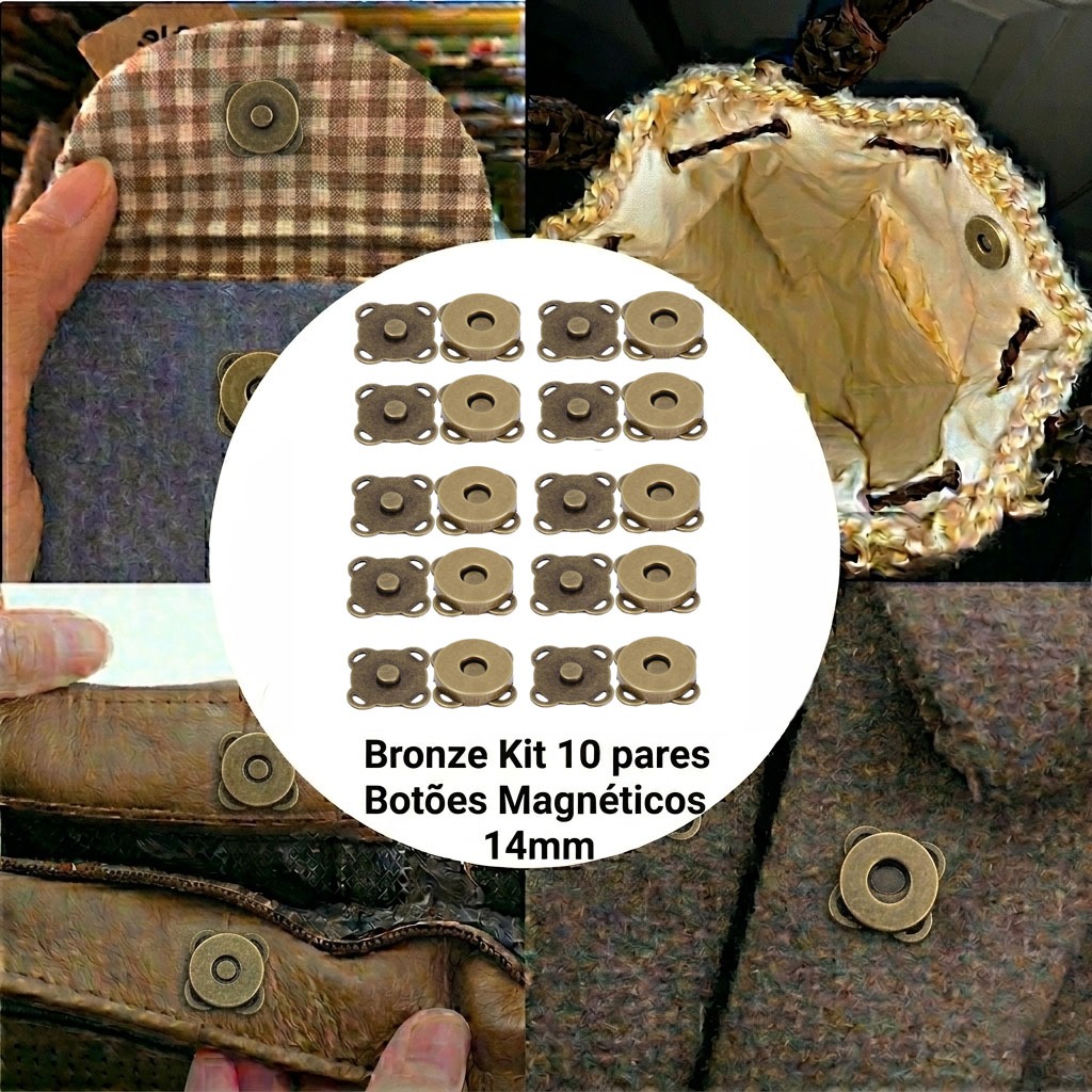 Kit 10 Botões Magnéticos 14mm Fecho Imantado Bronze Para Costurar Bolsa Casaco imã Magnetizado