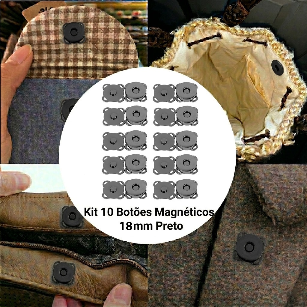 Kit 10 Botões Magnéticos 18mm Fecho Imantado Preto Para Costurar Bolsa Casaco Imã Magnetizado
