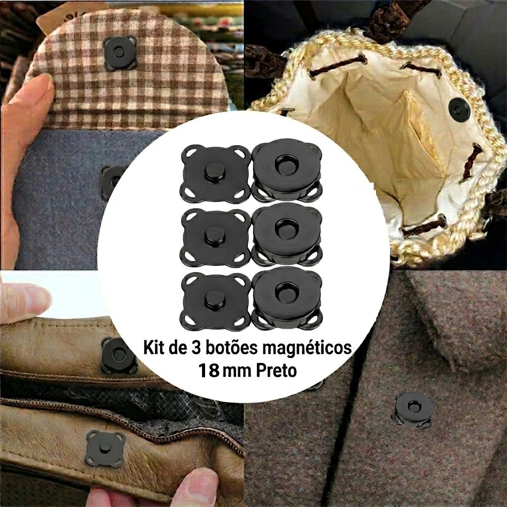 Kit 3 Botões Magnéticos 18mm Fecho Imantado Preto Para Costurar Bolsa Casaco imã Magnetizado