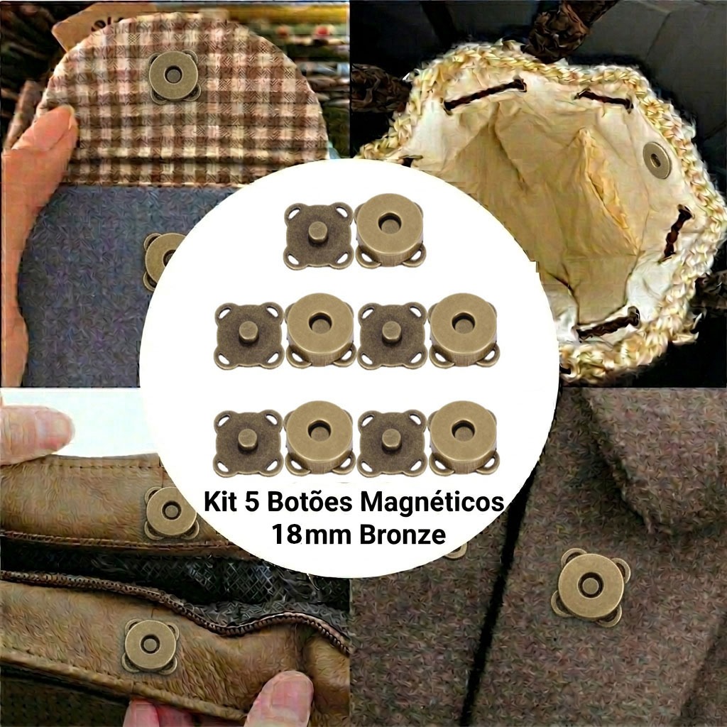 Kit 5 Botões Magnéticos 18mm Fecho Imantado Bronze Para Costurar Bolsa Casaco imã Magnetizado