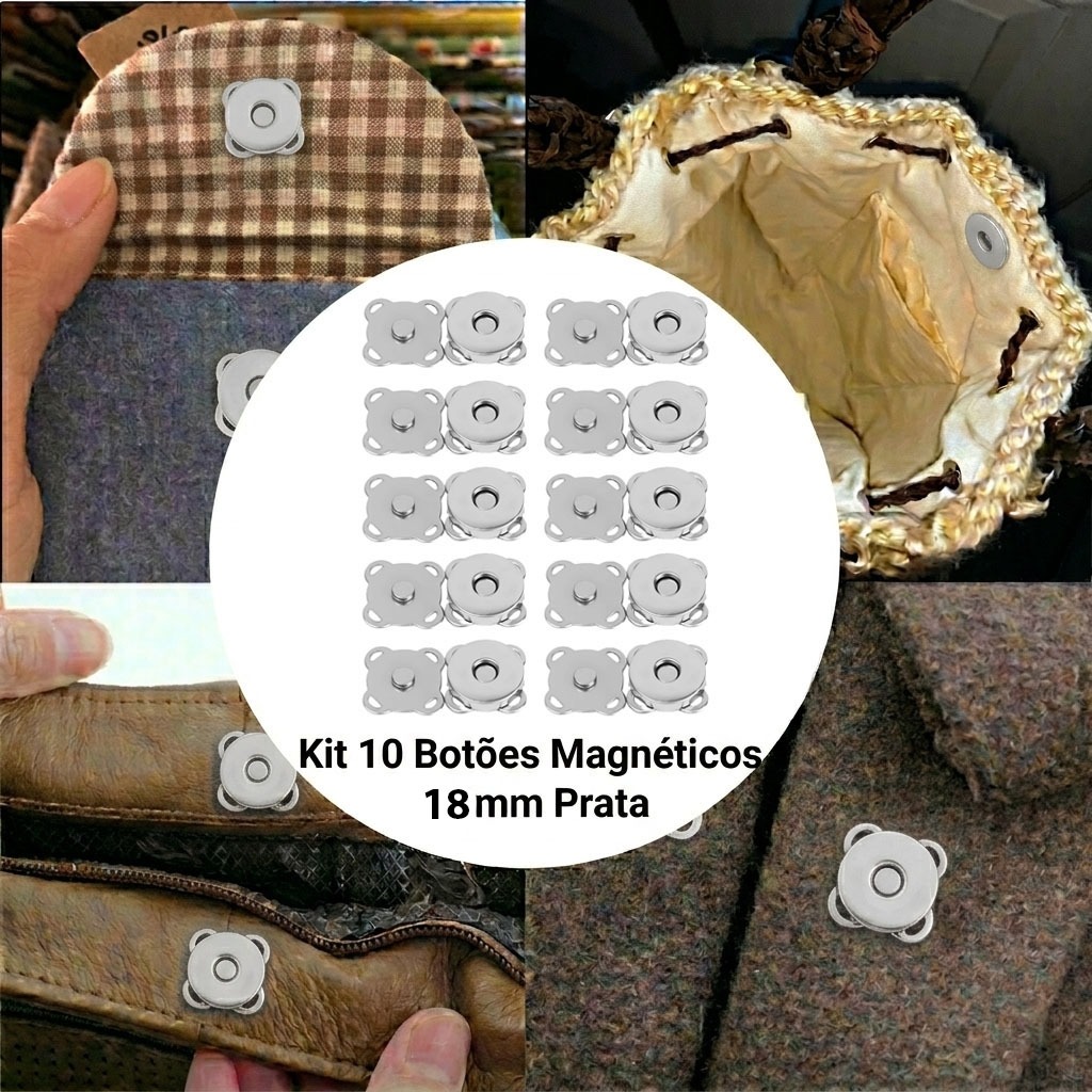Kit 10 Botões Magnéticos 18mm Fecho Imantado Prata Para Costurar Bolsa Casaco imã Magnetizado