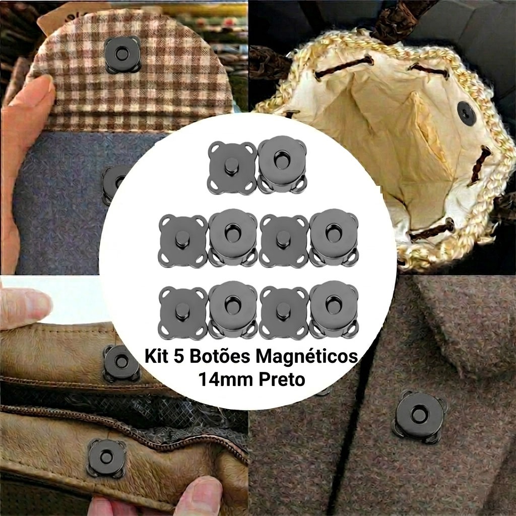 Kit 5 Botões Magnéticos 14mm Fecho Imantado Preto Para Costurar Bolsa Casaco imã Magnetizado