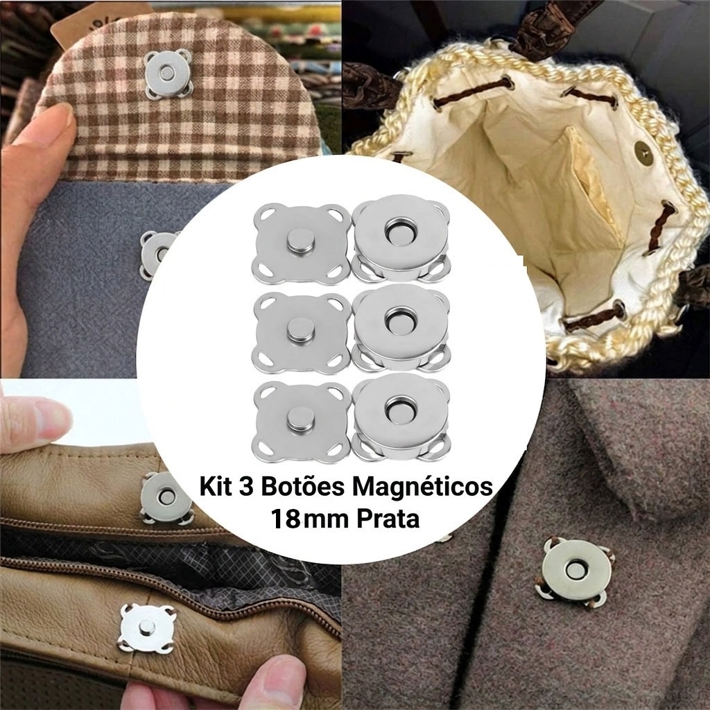 Kit 3 Botões Magnéticos 18mm Fecho Imantado Prata Para Costurar Bolsa Casaco imã Magnetizado