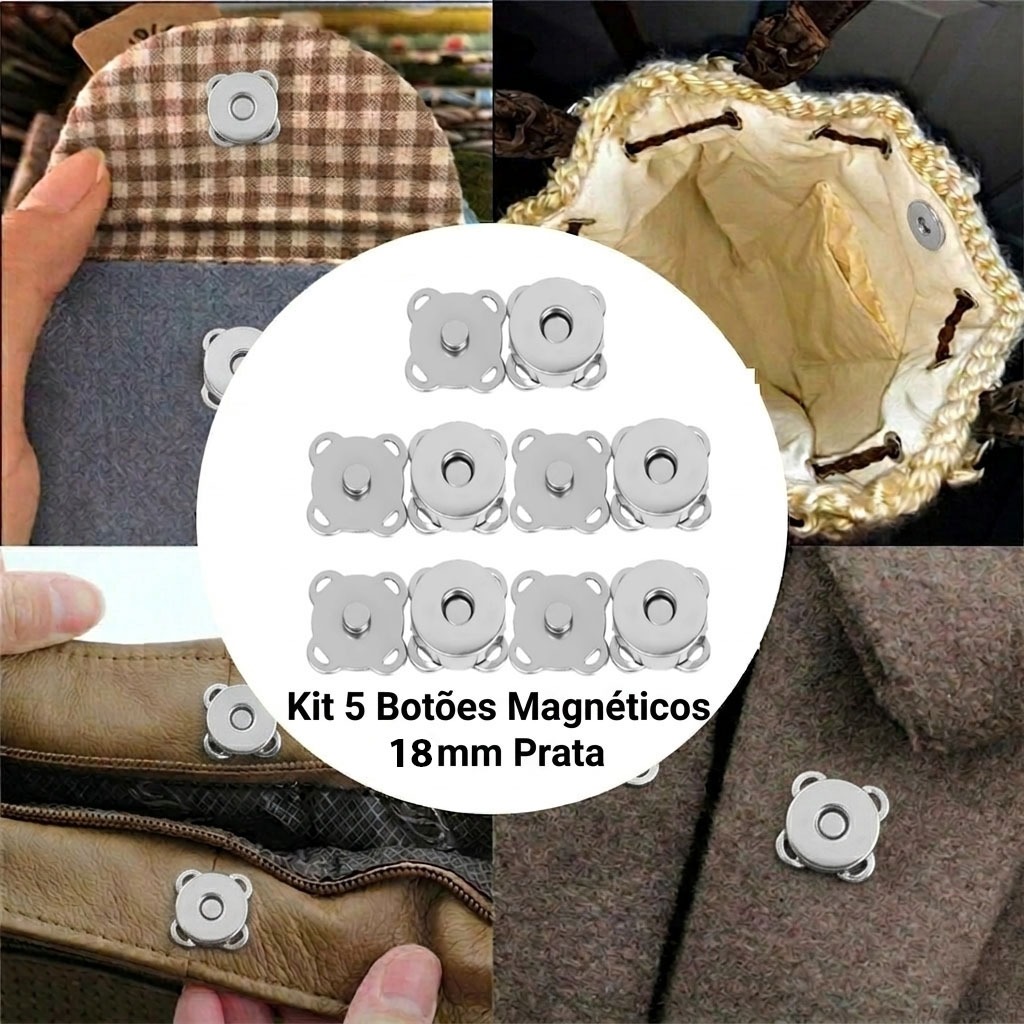Kit 5 Botões Magnéticos 18mm Fecho Imantado Prata Para Costurar Bolsa Casaco imã Magnetizado