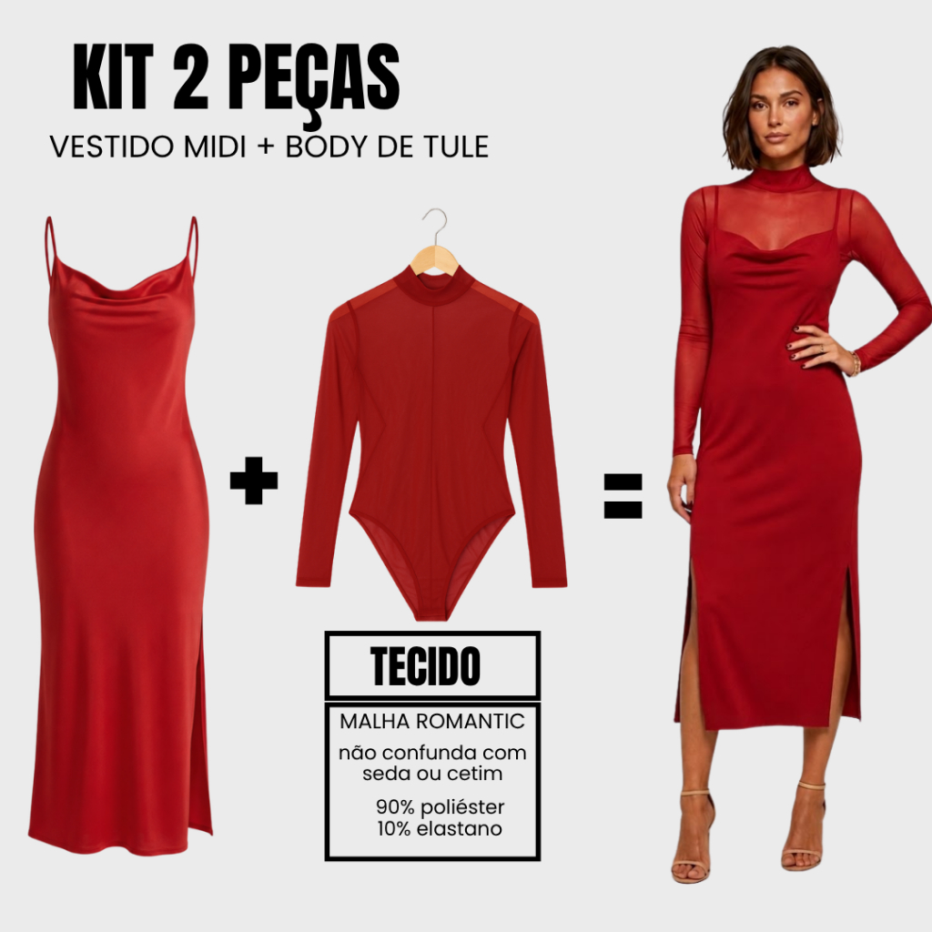 KIT 2 EM 1: VESTIDO MIDI + BODY DE TULE - SLIP DRESS DE MALHA ROMANTIC COM BODY DE TULE PREMIUM