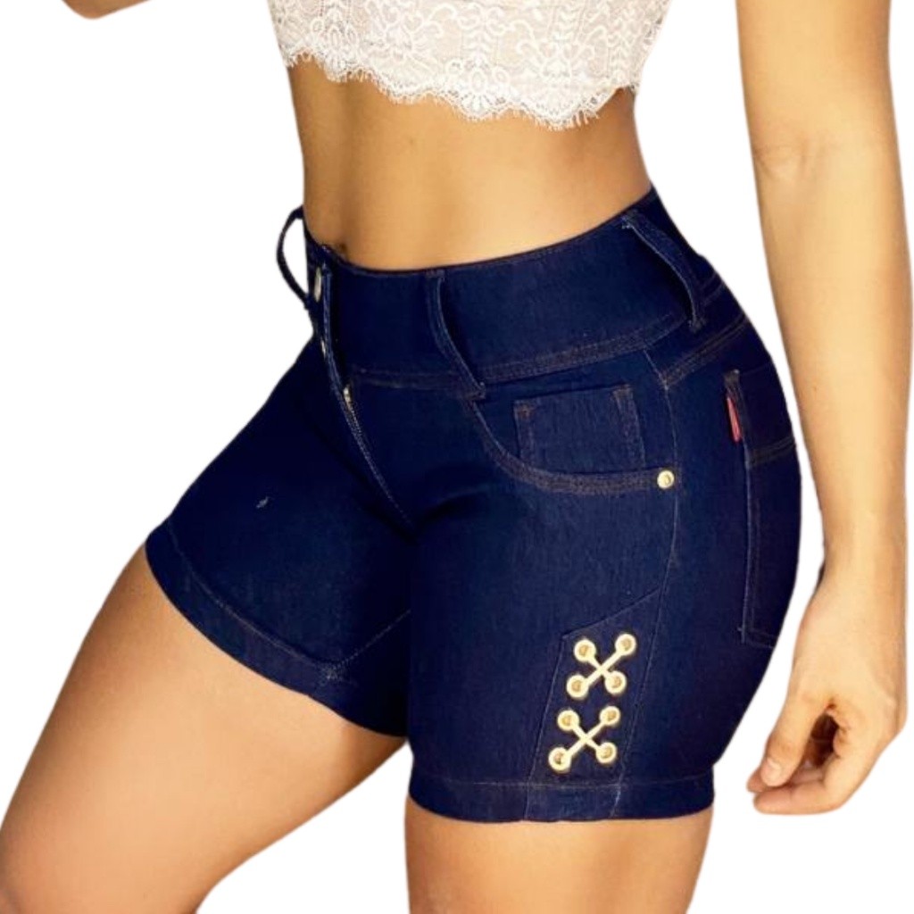 Short Jeans Feminino Lavagem Escura Ilhós Lateral Premium Lady Dress Moda