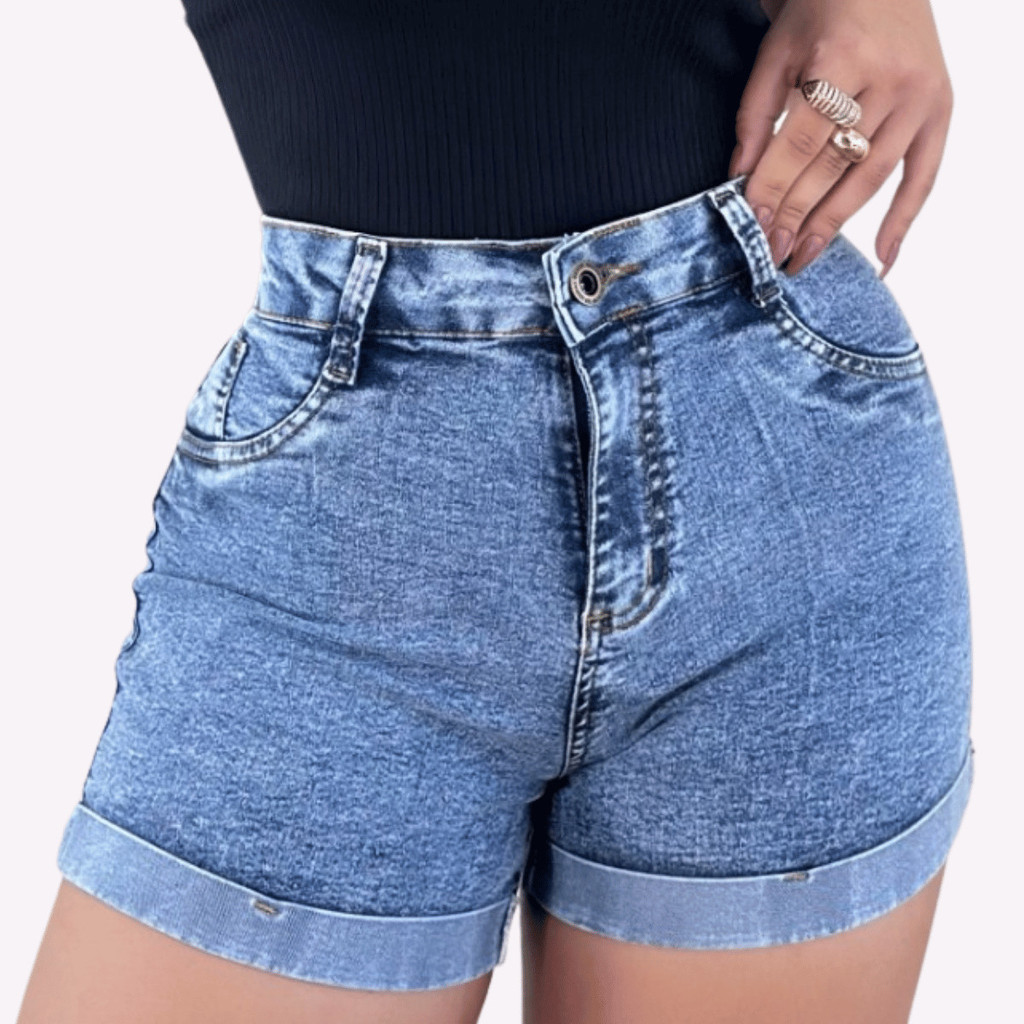 Short Jeans Feminino Lycra Marmorizado Cintura Alta Premium Lady Dress Moda