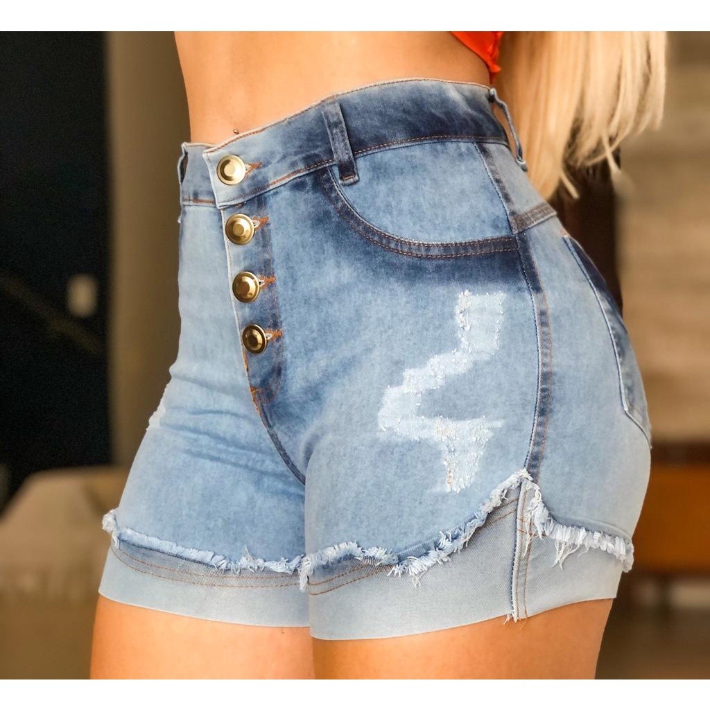 Short Jeans Feminino Lycra Cintura Alta Barra Dobrada Premium Lady Dress Moda