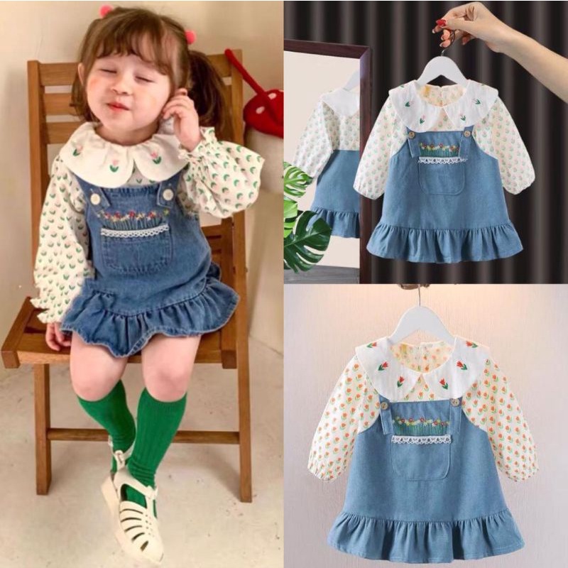 B055 Premium Import Dress Macacão Para Meninas Flor Jeans