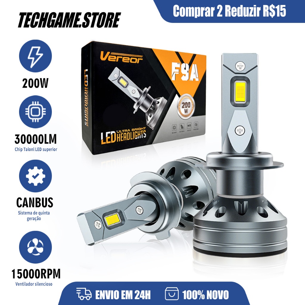 Kit De Farol LED Automotivo Premium F9A 6000K Alto Brilho 200W 30000LM  H1 H3 H4 Resfriamento Eficaz
