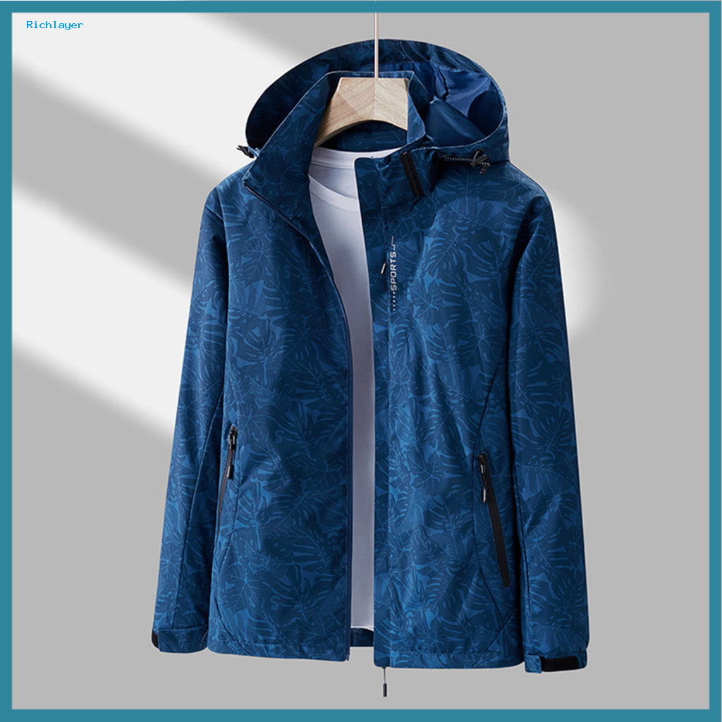 Men Hooded Jacket Zippered Men's Windproof Waterproof with Stand Collar Long Sleeves Zipper Pockets – Lightweight Outd