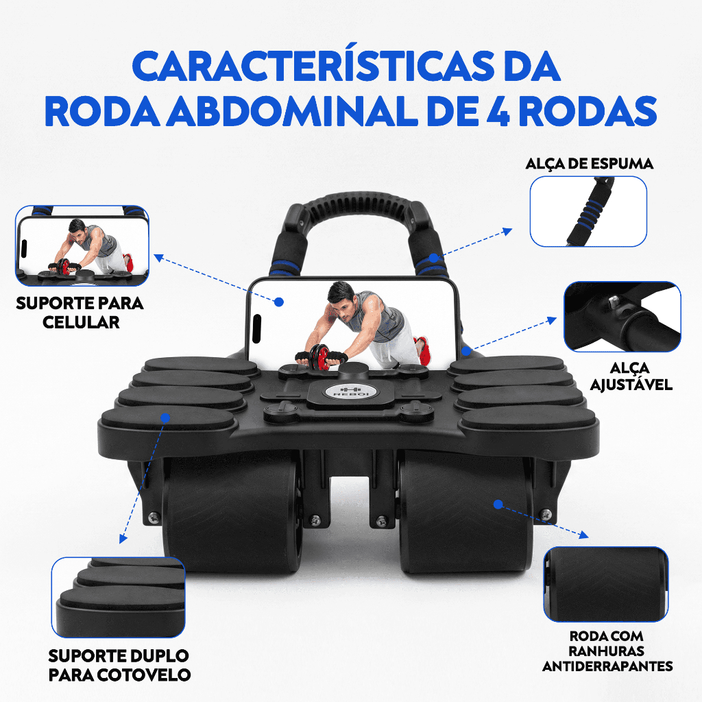 Roda Abdominal HEROI Smart Rebound | 4 rodas constantes como Taishan | Vem com suporte para celular + joelheiras | Linha