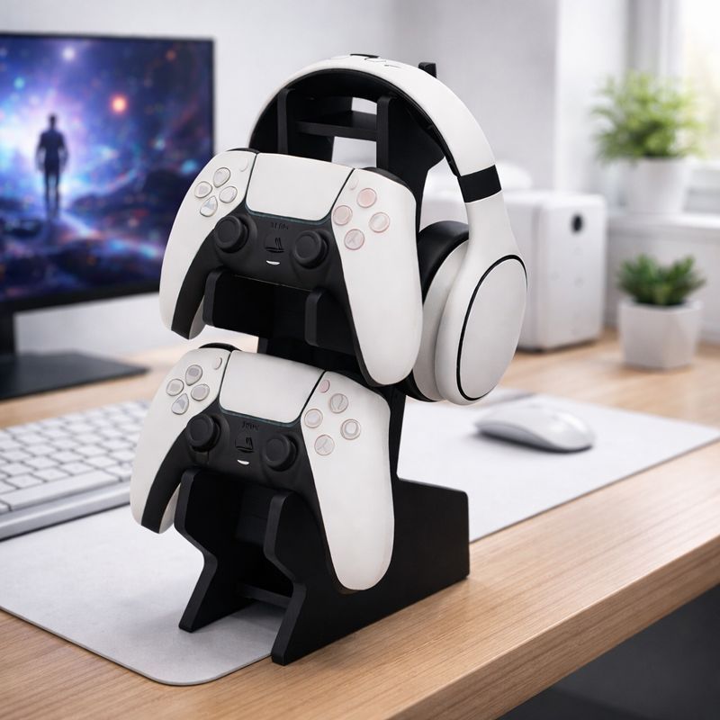 Suporte Porta Controle e Fone em MDF Preto – Xbox One X / S, PS4 e PS5