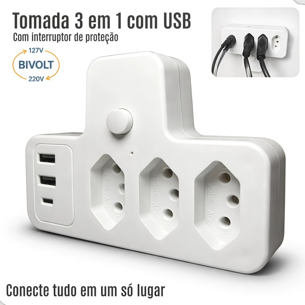 Tomada Portátil com Proteção contra Sobrecarga e Filtro de Ruído – Segurança Total para Notebooks e Smartphones