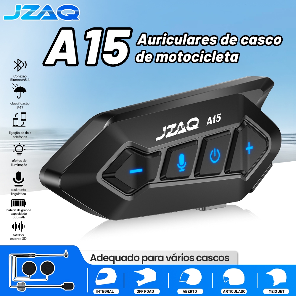 JZAQ A15 Fone Bluetooth Capacete Moto IP67 Impermeável Anti-Ruído Som Alto Áudio HL-FL Resistente Duradouro Frete Gráti