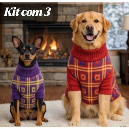Kit 3 Roupas de Lã para Cachorro  Tricot Quentinho Confortável Fácil de Vestir Inverno Pet Cores Sortidas