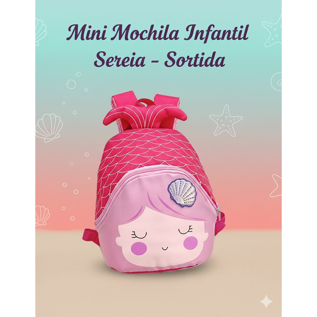 Mini Mochila Infantil Sereia Brilhante Com Concha Pequena Escolar Passeio Menina Alça Acolchoada