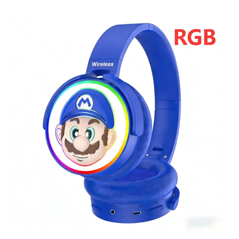 Fone de ouvido Bluetooth estéreo sem fio Super Mario com RGB