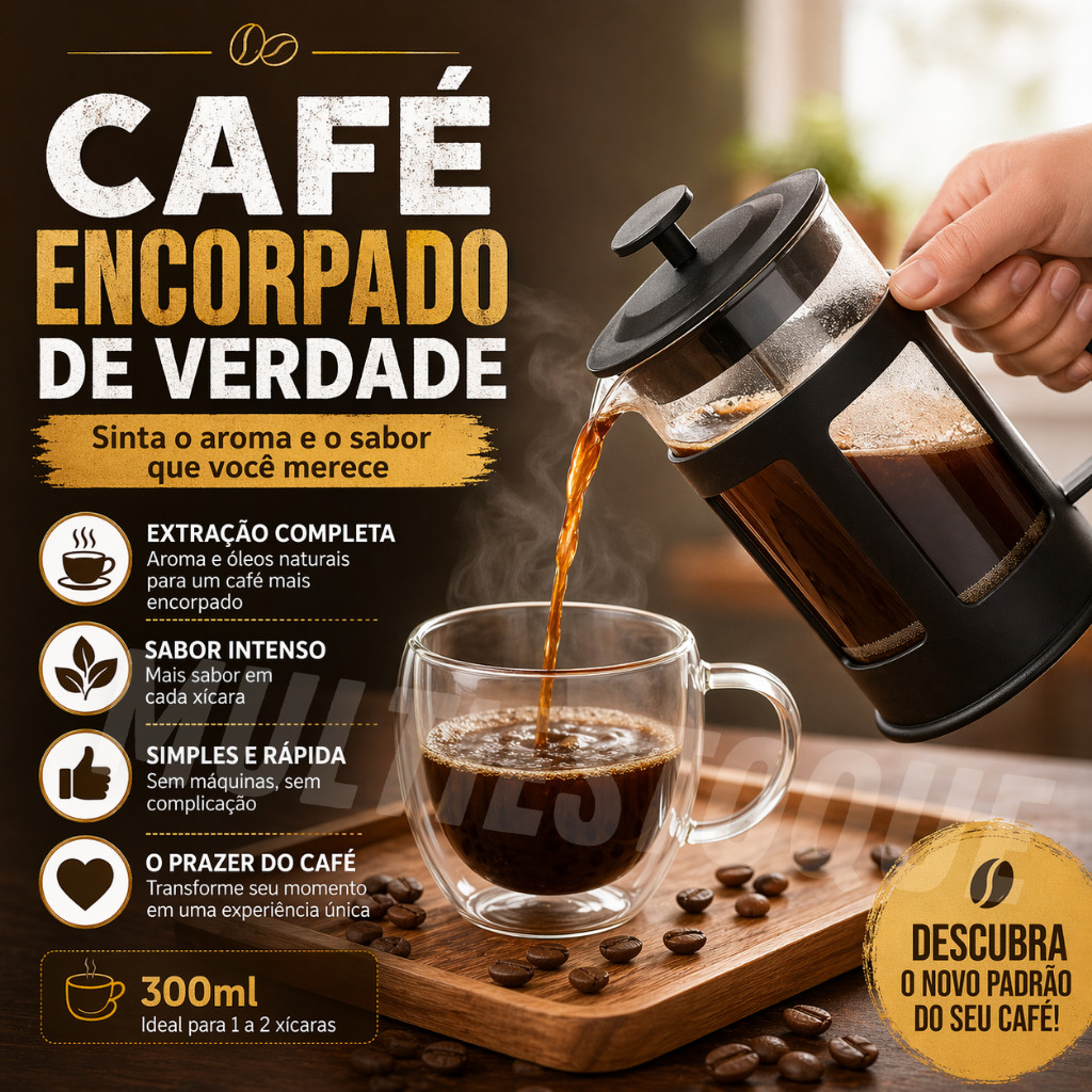 Cafeteira Francesa 300ml Vidro Premium – Café Encorpado, Fácil e Rápido