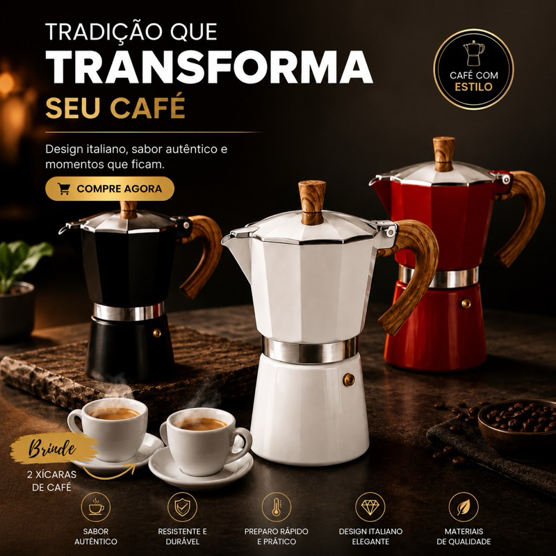 Cafeteira Italiana Moka Premium Antiaderente Branca Preta Vermelha Cabo Amadeirado + Brinde 2 Xícaras 150ml