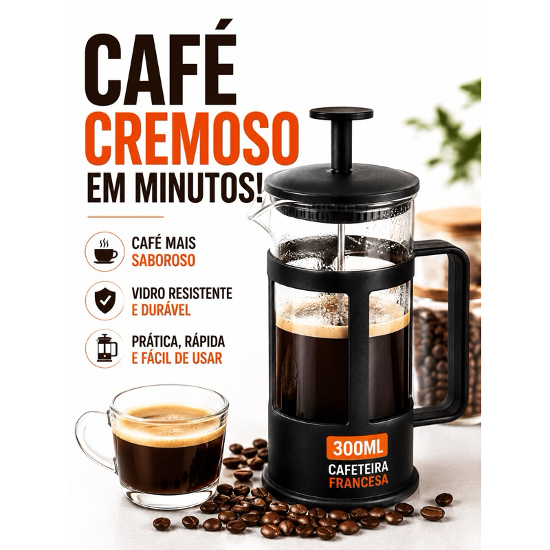 CAFETEIRA FRANCESA 300ml 600ml ou KIT 3 ou 6 COPOS DE VIDRO 350ml Vidro Resistente Manual Premium Preta
