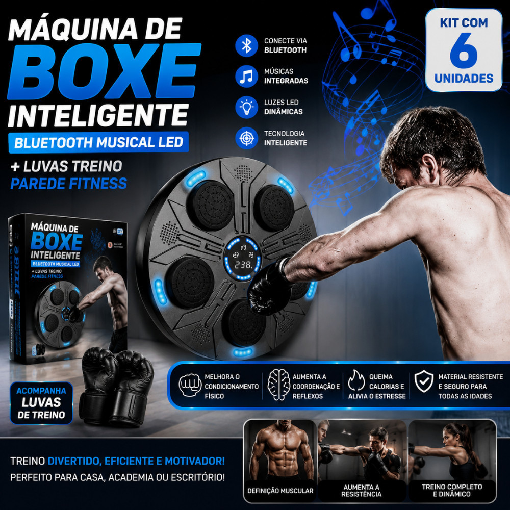 Máquina de Boxe Inteligente Bluetooth Musical LED + Luvas Treino Parede Fitness