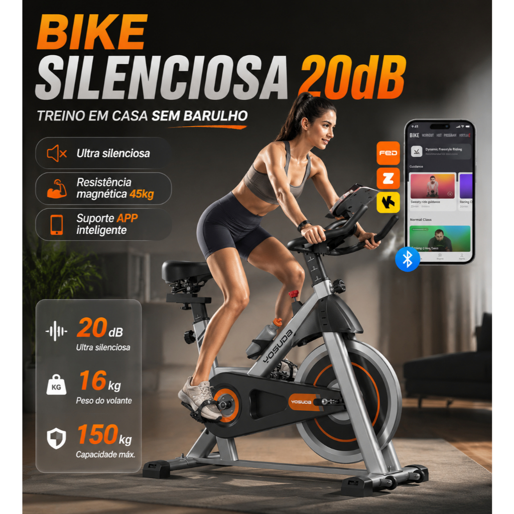 Bicicleta Ergométrica 150kg Spinning Magnética 5 em 1 Bluetooth Silenciosa Monitor LCD para Casa