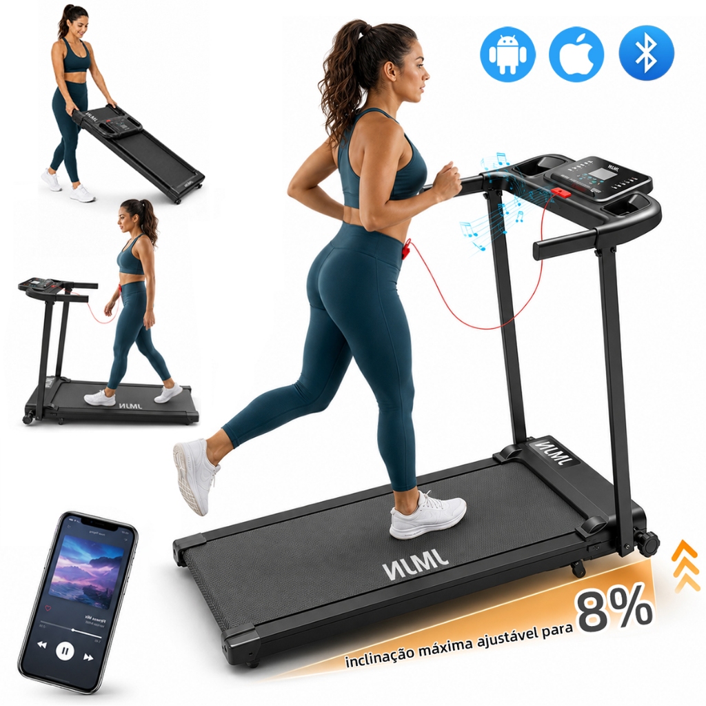Esteira Elétrica Ergométrica  Bluetooth Tela LED Velocidade 3.0HP Inclinação Manual 12km/h Dobrável Silenciosa 120kg