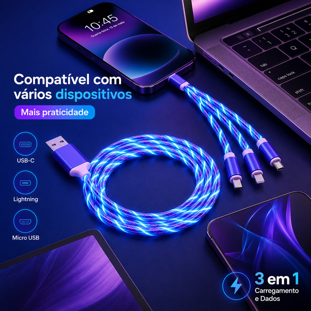 Cabo de dados LED RGB 3 em 1 trançado e durável compatível com carregamento rápido de dispositivos Apple Android Tipo C