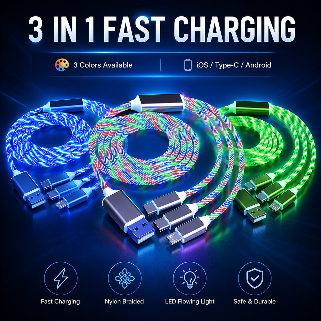 Cabo de dados trançado durável 3 em 1 com LED RGB-compatível com dispositivos Apple e Android Tipo-C