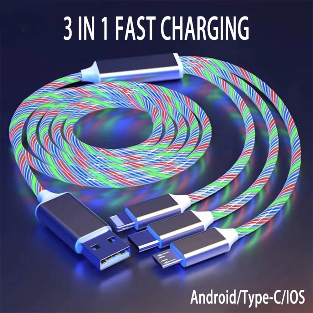 Cabo de dados LED RGB 3 em 1 trançado e durável compatível com carregamento rápido de dispositivos Apple Android Tipo C