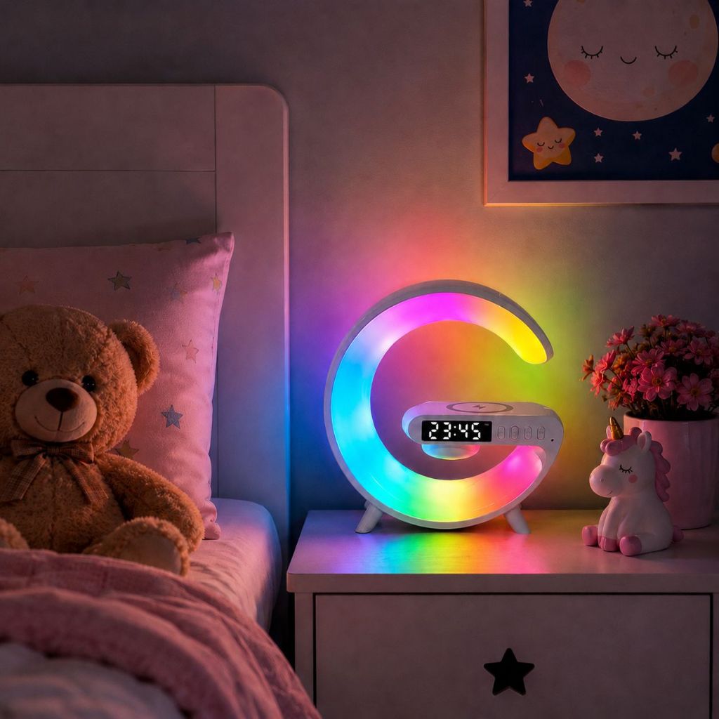 Abajur LED G63 RGB com Relógio Digital Despertador Luz Decorativa e Base de Carregamento