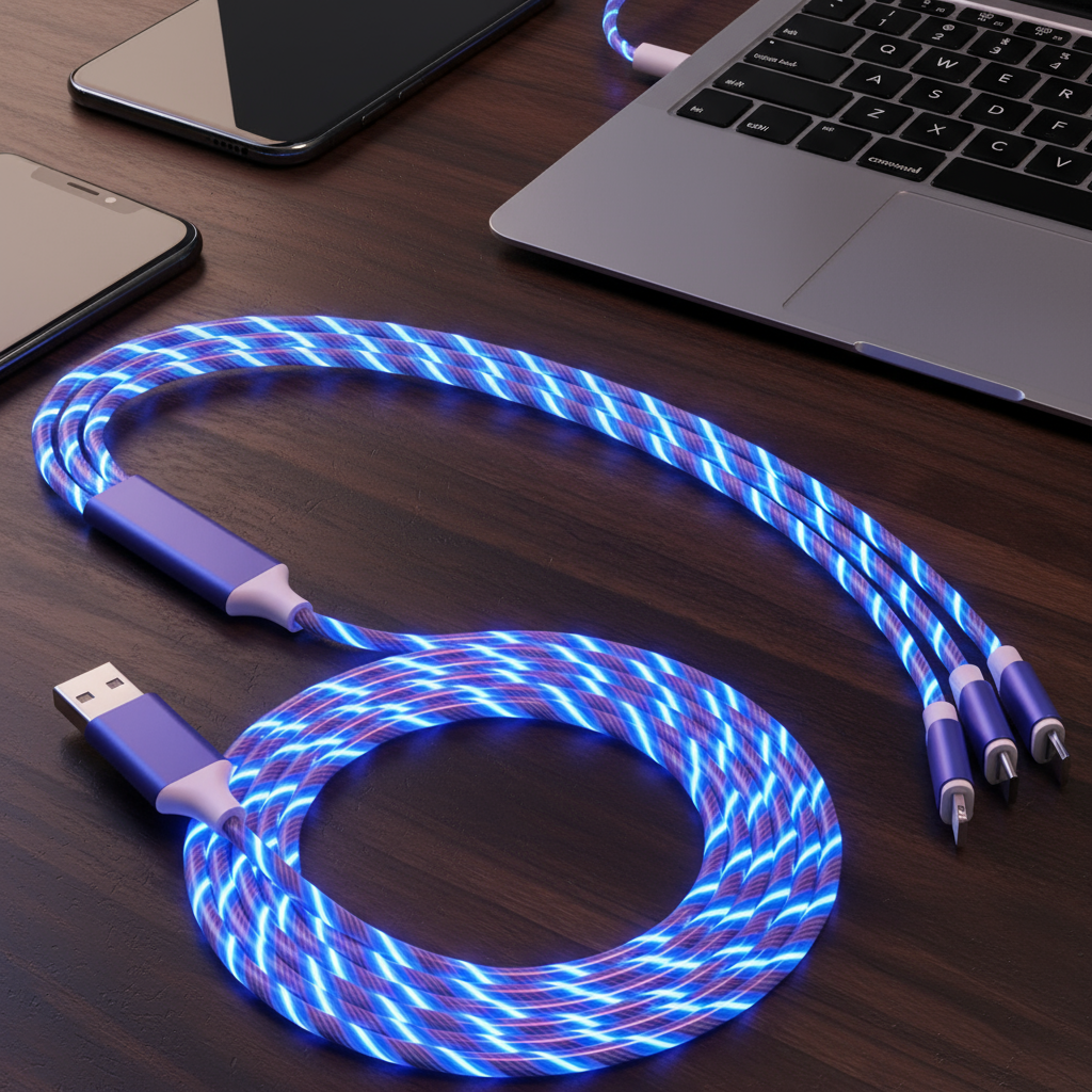 Cabo de Carregamento Rápido 3 em 1 com Luz LED RGB para Tipo-C e Micro USB