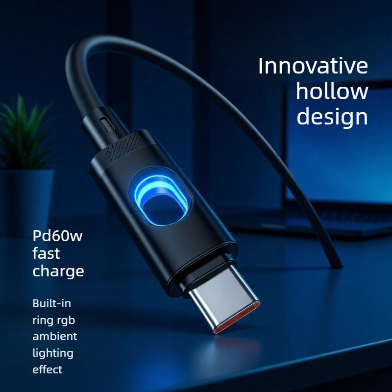 Cabo de dados de luz anelar recarregável de luz suave USB para tipo C / Type-C para Type-C Transmissão de carregamento I