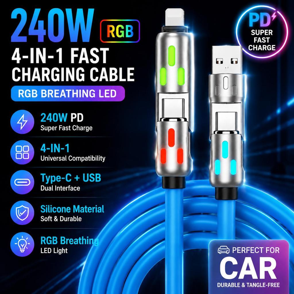 Cabo de Carregamento Rápido LED RGB 240W 4 em 1 Tipo-C PD, Cabo de Silicone para Carro com Luz Pulsante, Durável